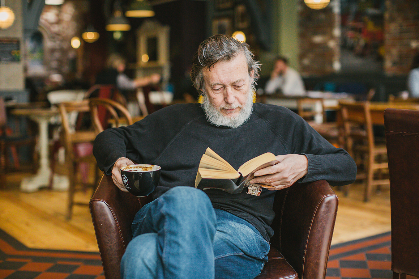 Male model drinking coffee on commercial-lifestyle-photography photoshoot for Cardiff based coffee shop chain coffee# 1
